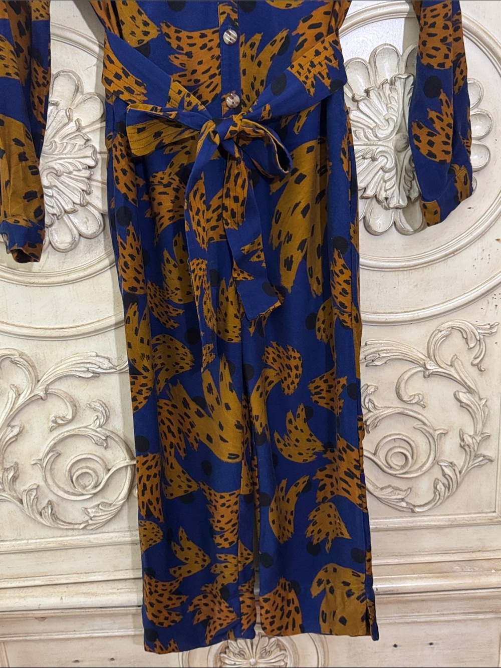 Farm Rio Banana Blue & Brown Printed Jumpsuit with Tie Waist Size Small - Picture 8 of 16